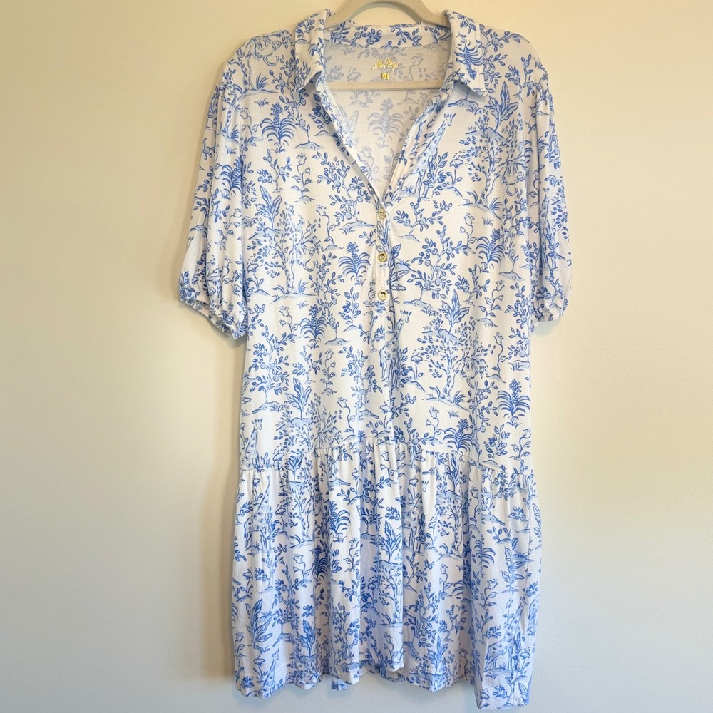 Lilly Pulitzer Blue White Cotton Toile Tiered Shirt Dress XL 017870